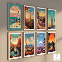 Cape May New Jersey Retro Travel Poster displayed among various travel posters on a stylish wall.
