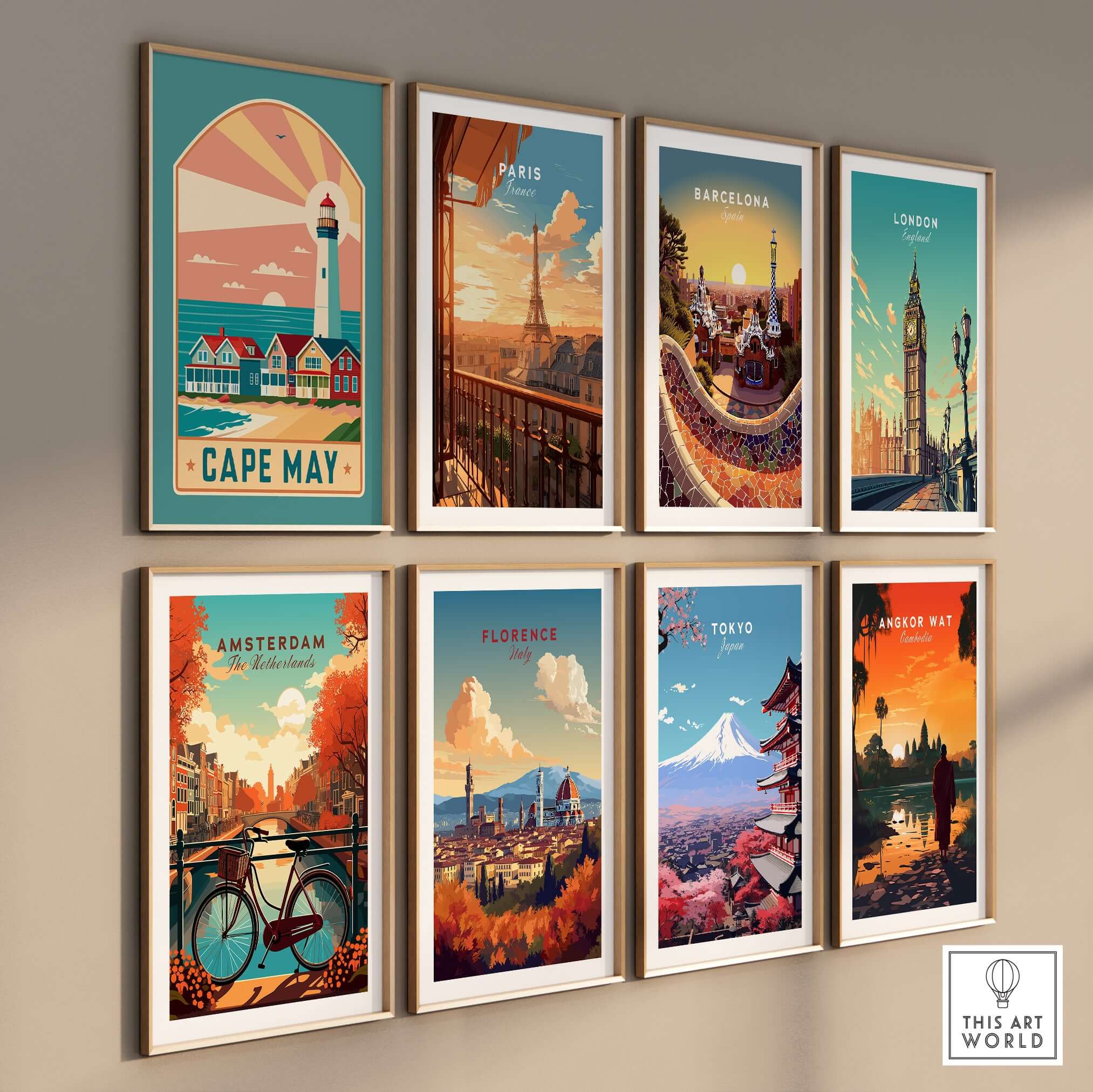 Cape May New Jersey Retro Travel Poster displayed among various travel posters on a stylish wall.