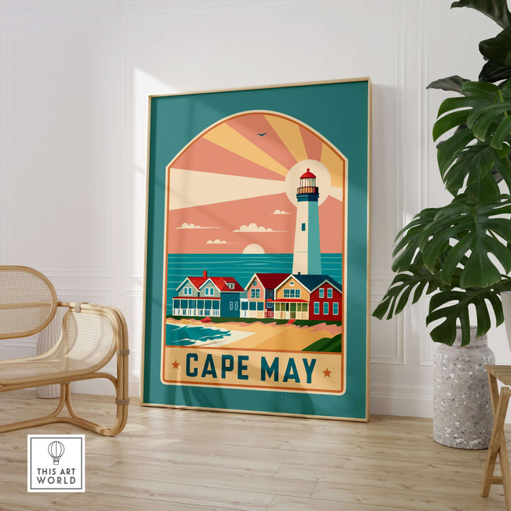 Cape May New Jersey retro travel poster featuring a lighthouse and beach during sunset.