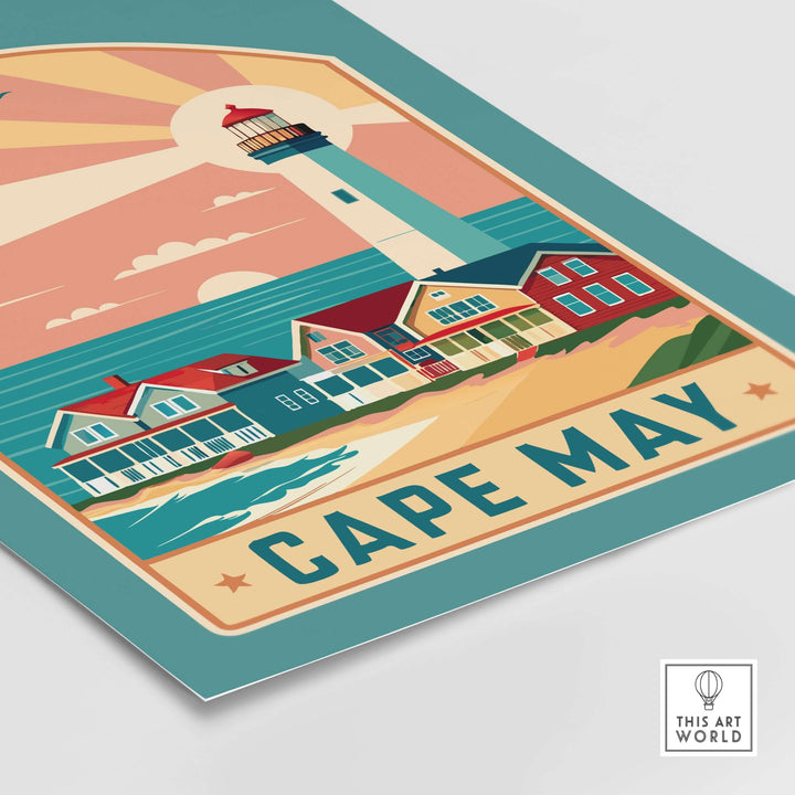 Cape May New Jersey retro travel poster featuring a lighthouse and charming seaside homes near the beach.