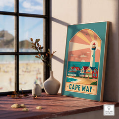 Cape May New Jersey Retro Travel Poster displayed on a wooden table with beach view.