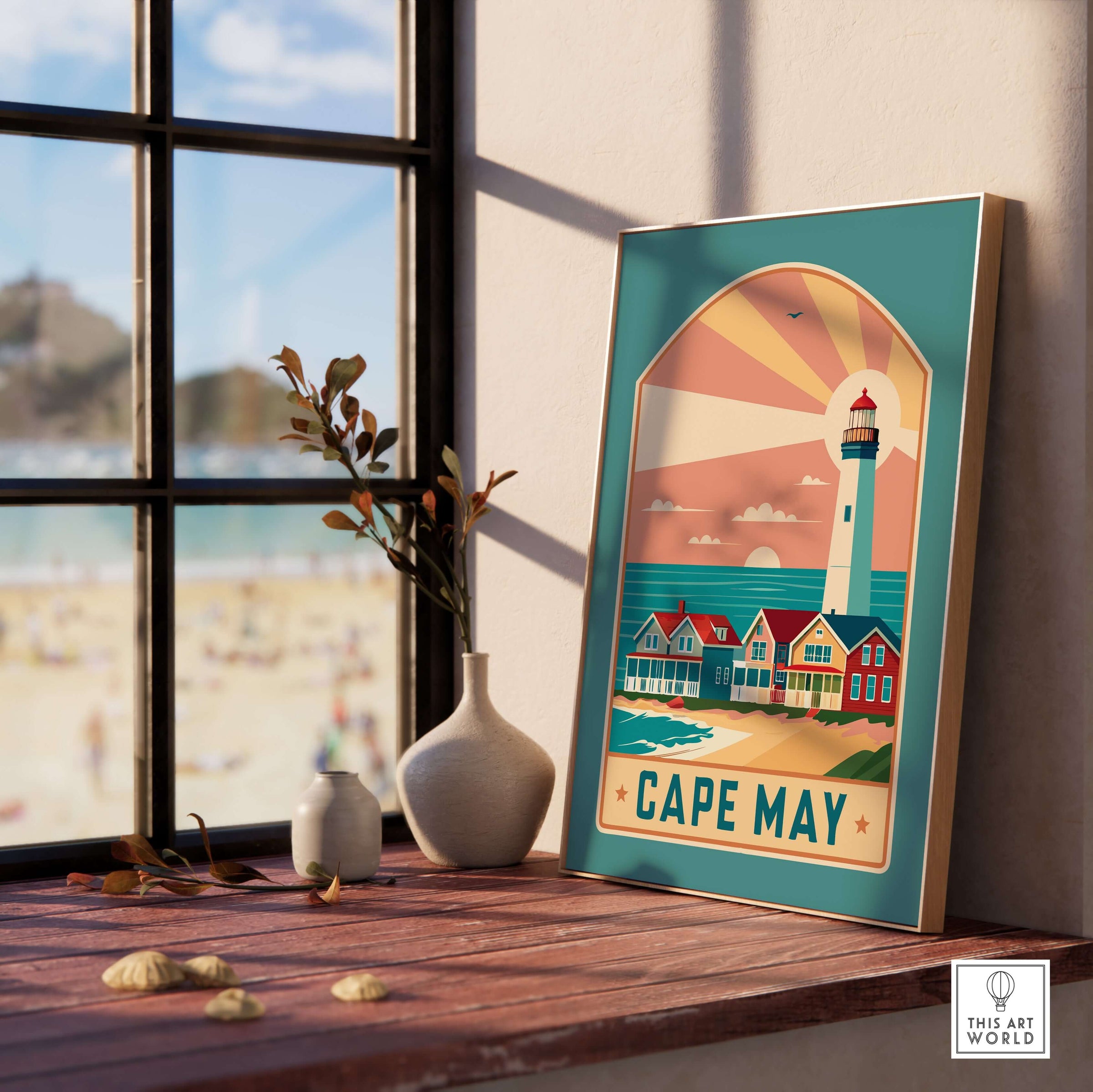Cape May New Jersey Retro Travel Poster displayed on a wooden table with beach view.