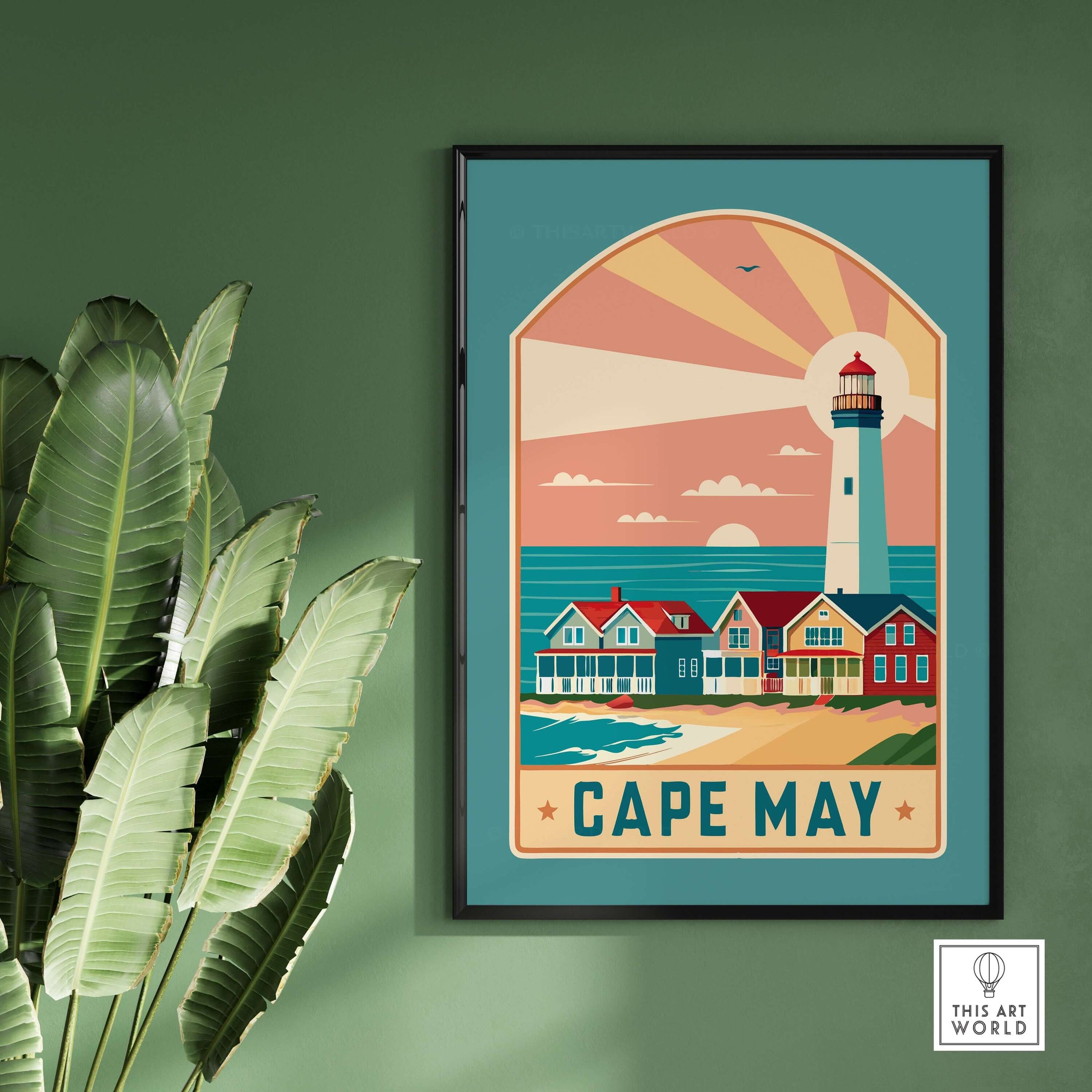 Cape May New Jersey Retro Travel Poster featuring a lighthouse and seaside homes with vibrant colors.