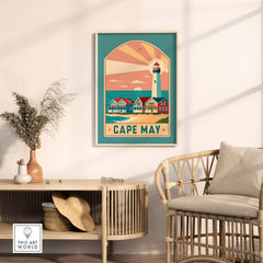 Cape May New Jersey Retro Travel Poster displayed in a stylish home setting with a lighthouse and beach houses.