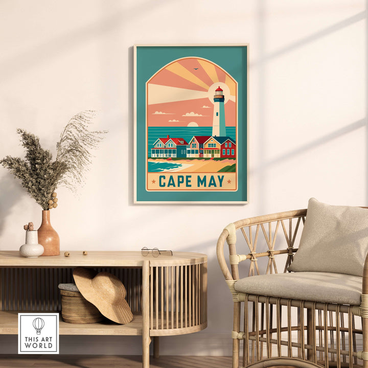 Cape May New Jersey retro travel poster featuring a lighthouse and beach houses in a stylish living room setting.