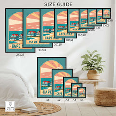 Cape May New Jersey Retro Travel Poster size guide showcasing various frame sizes and design elements.