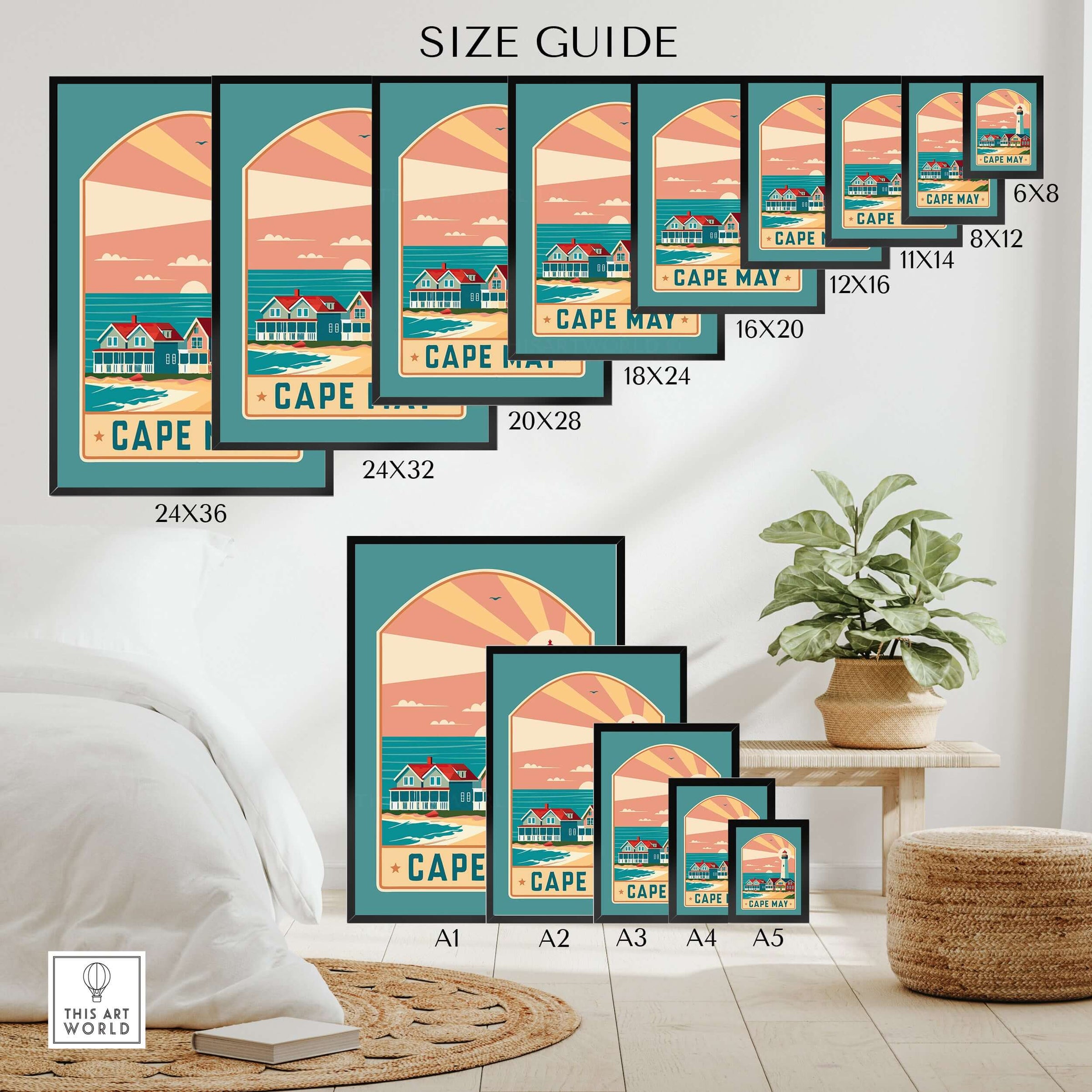 Cape May New Jersey Retro Travel Poster size guide showcasing various frame sizes and design elements.