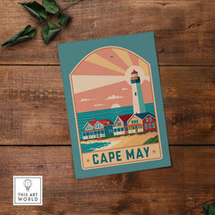 Cape May New Jersey Retro Travel Poster featuring a lighthouse and colorful houses by the beach.
