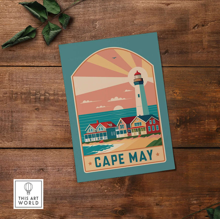 Cape May New Jersey retro travel poster featuring a lighthouse and colorful beach houses on a seaside background.