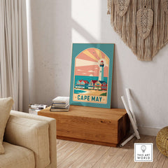 Cape May New Jersey Retro Travel Poster displayed in a cozy home interior with a lighthouse and colorful houses.