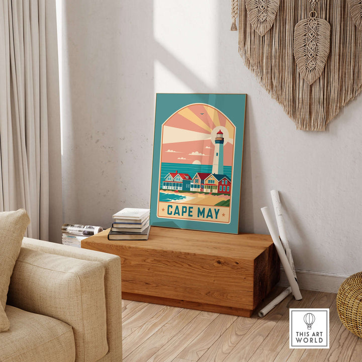Cape May New Jersey retro travel poster featuring a lighthouse and colorful beach houses in a stylish living room setting.