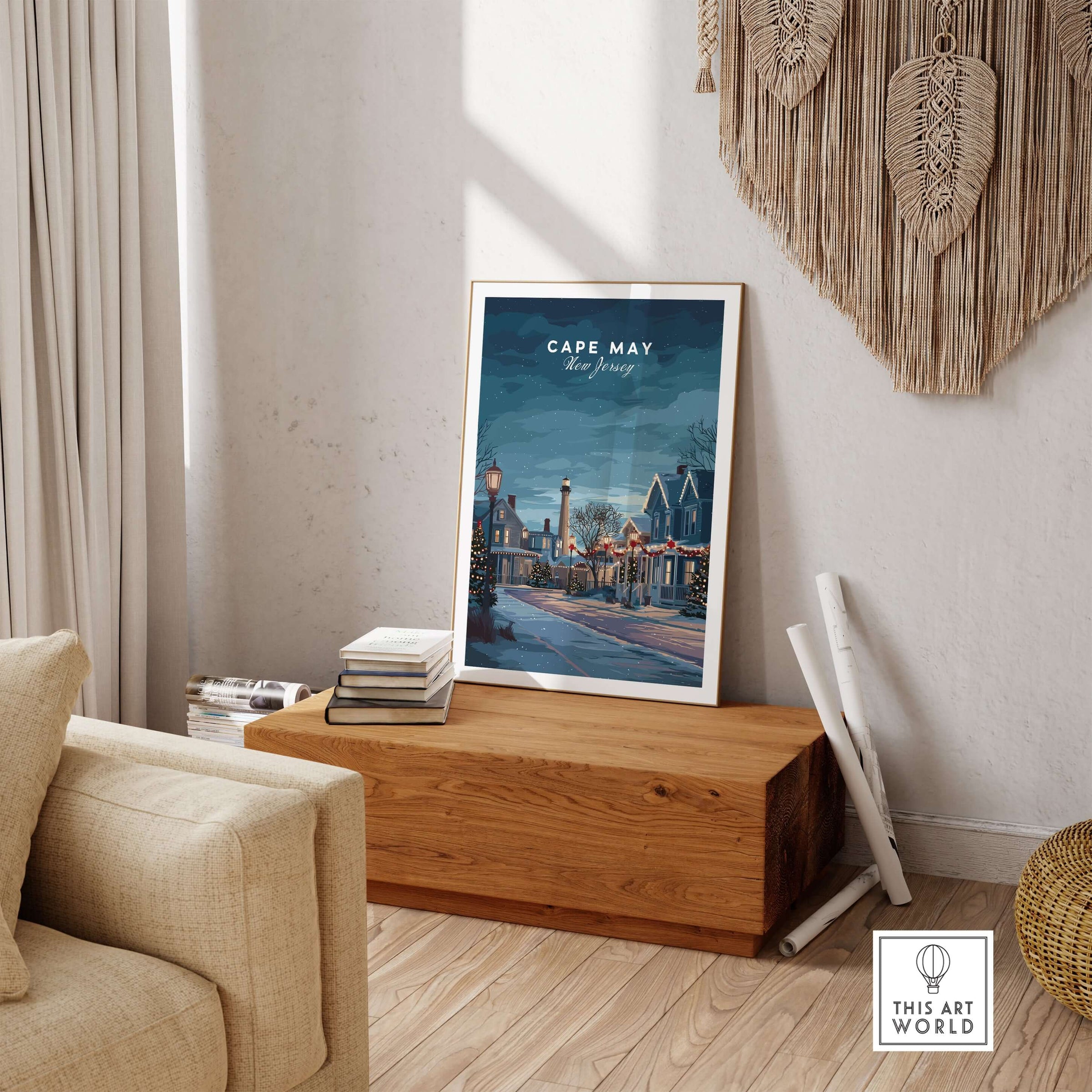 Cape May New Jersey Winter Scene Print - Festive Holiday Wall Art displayed in a cozy living room.