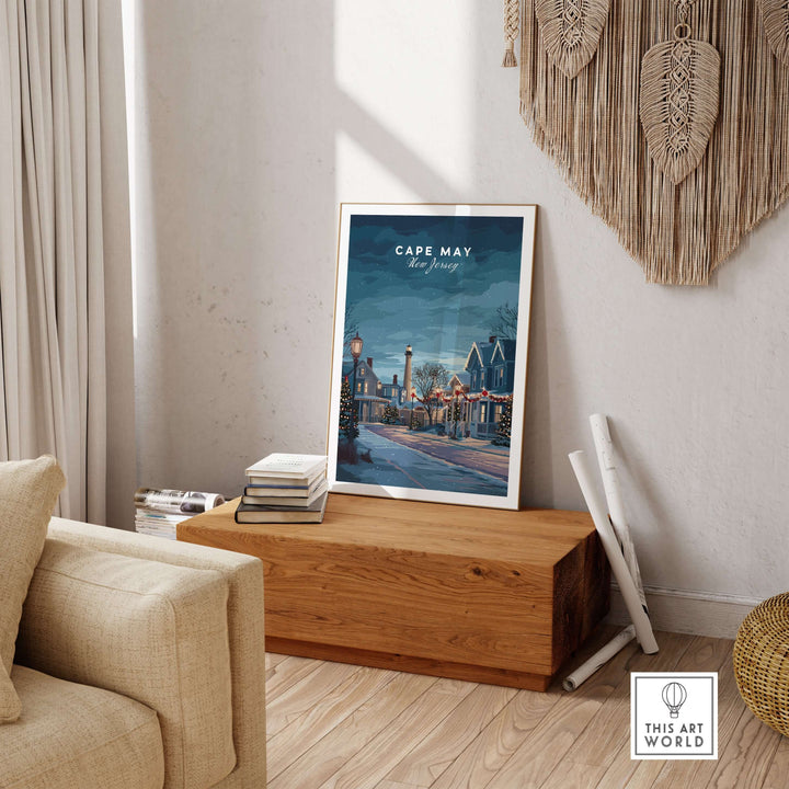 Cape May New Jersey winter scene print showcasing festive holiday decor in a cozy living space.