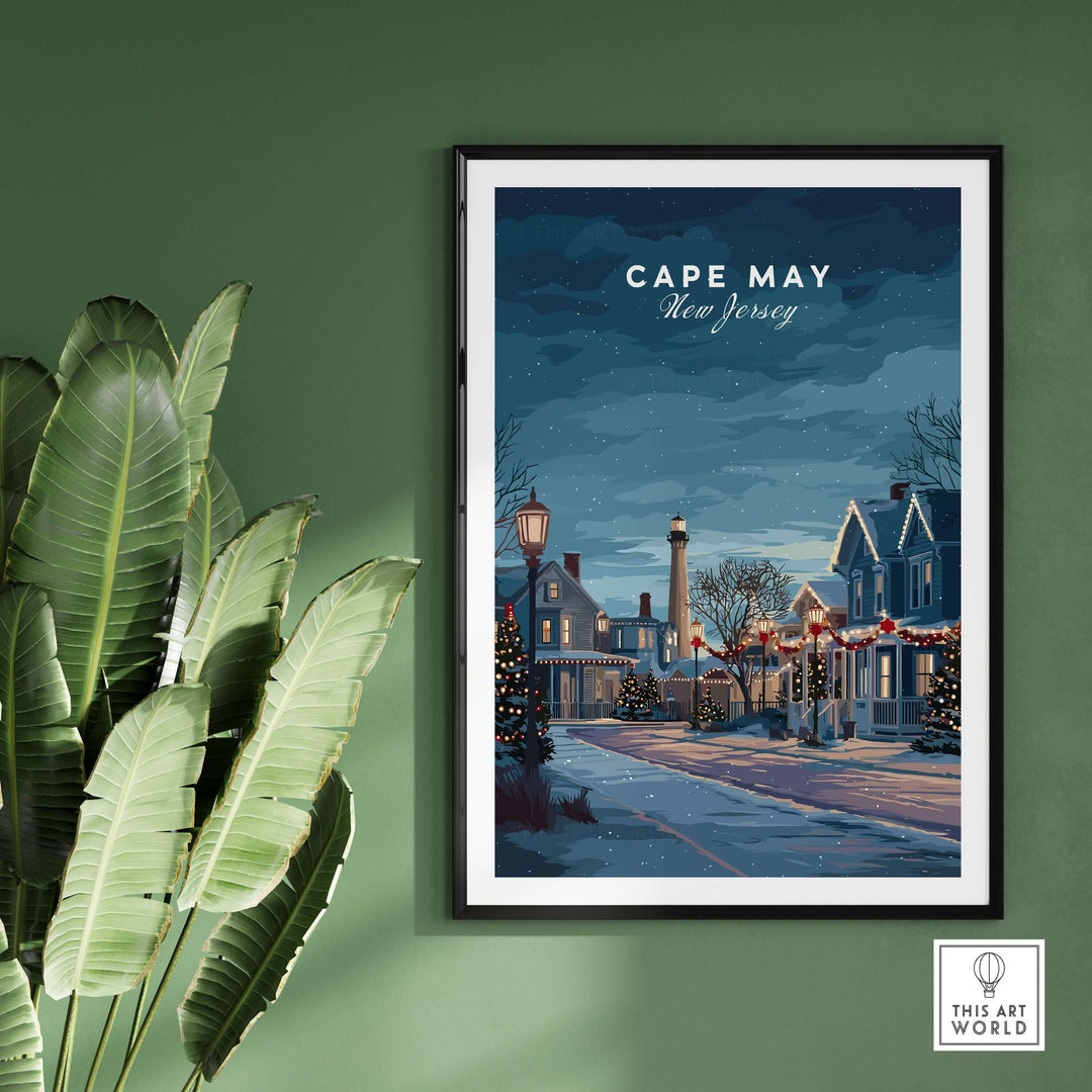 Cape May New Jersey winter scene print, holiday wall art featuring festive decorations in a charming street.