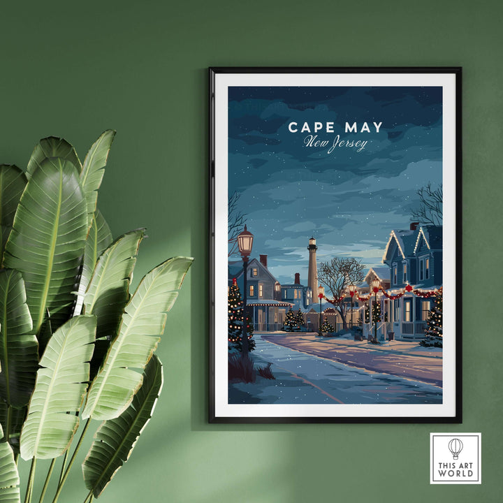 Cape May New Jersey winter scene print, holiday wall art featuring festive decorations in a charming street.