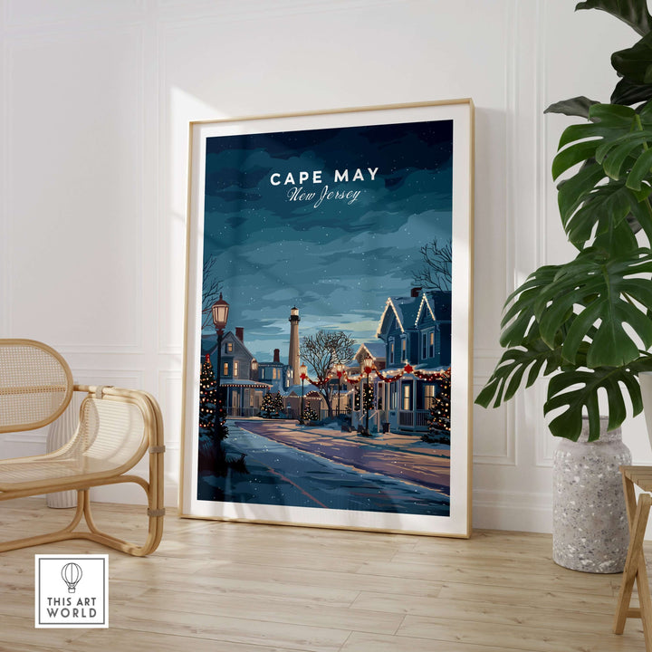 Cape May New Jersey winter scene print in festive holiday decor, featuring charming houses and a lighthouse.