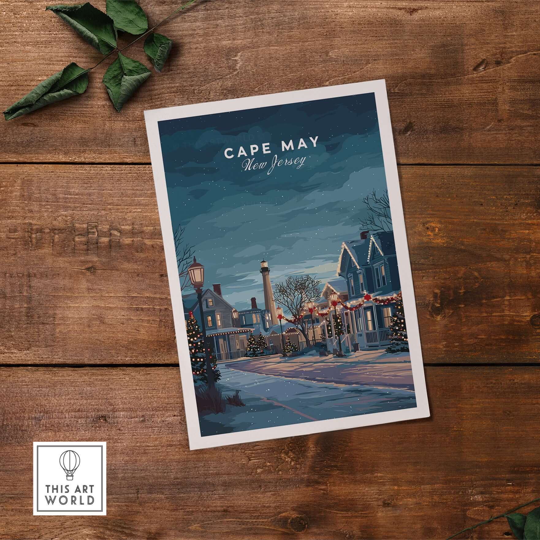 Cape May New Jersey Winter Scene Print - Festive Holiday Wall Art displayed on wooden table with holiday decorations