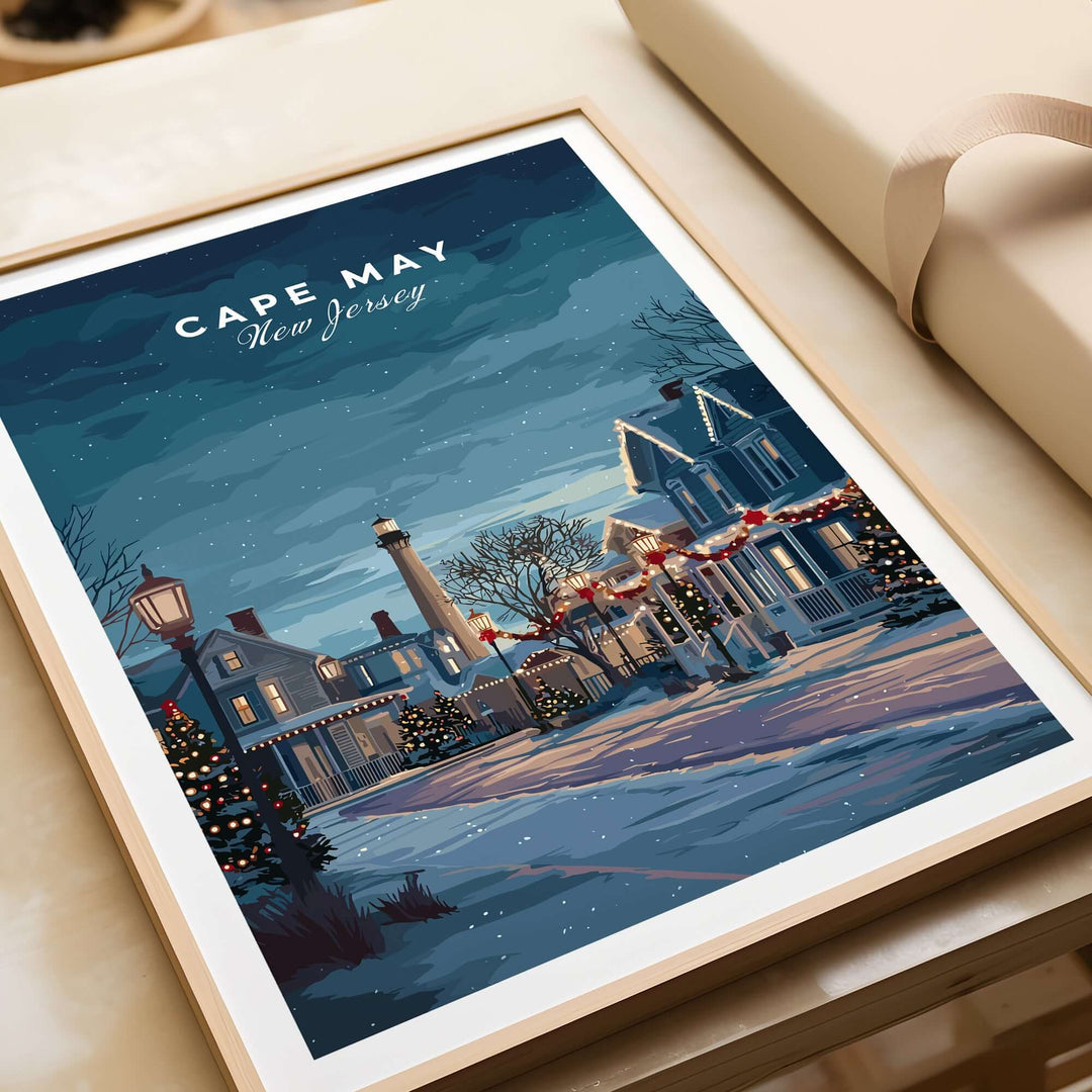Framed Cape May New Jersey winter scene print with holiday decor, showcasing a festive snowy landscape.