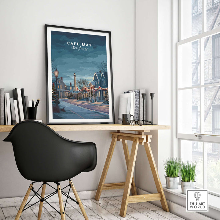 Cape May New Jersey winter scene print displayed in a stylish home office, perfect festive holiday wall art.