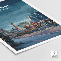 Cape May New Jersey Winter Scene Print - Festive Holiday Wall Art featuring a snowy landscape with charming homes.