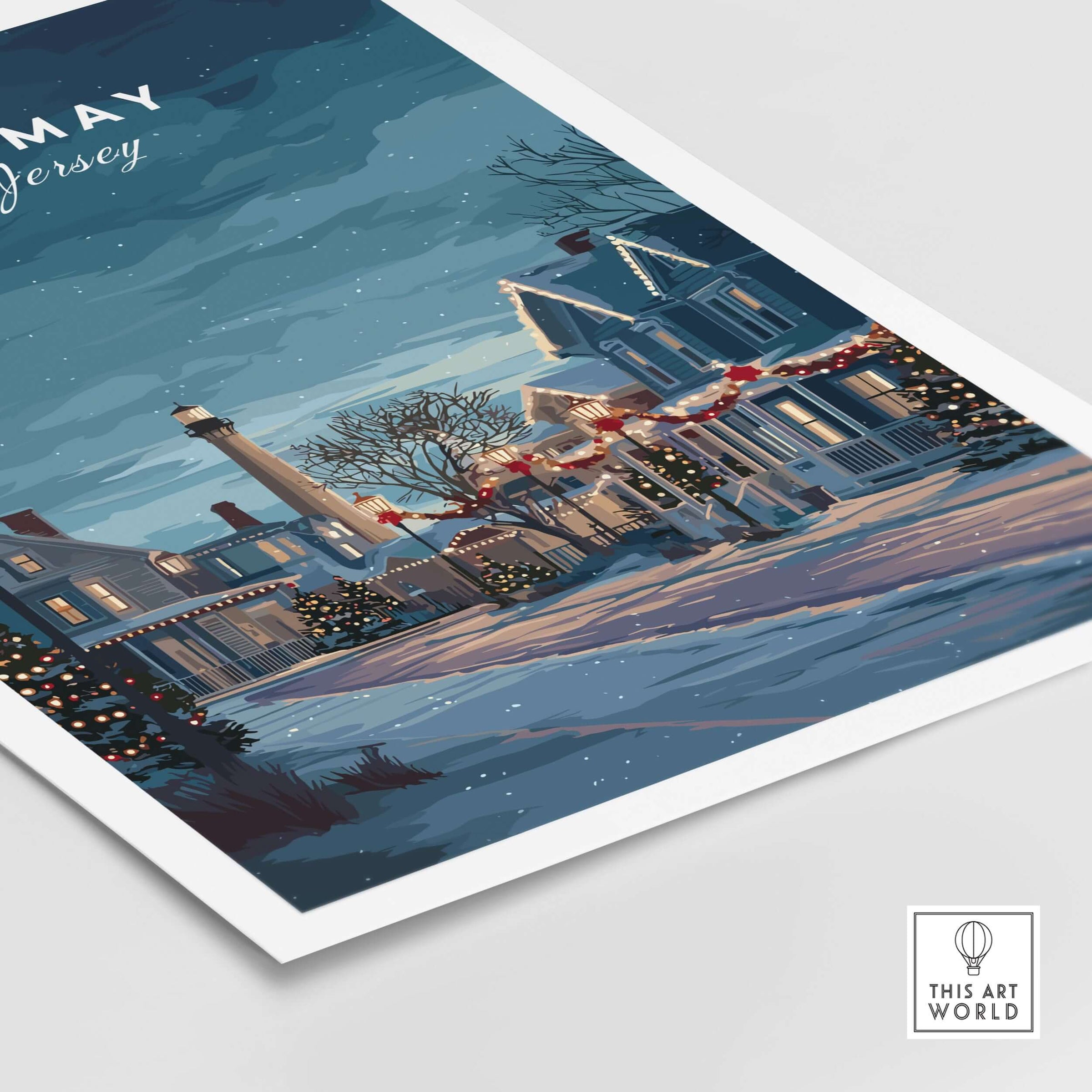 Cape May New Jersey Winter Scene Print - Festive Holiday Wall Art featuring a snowy landscape with charming homes.