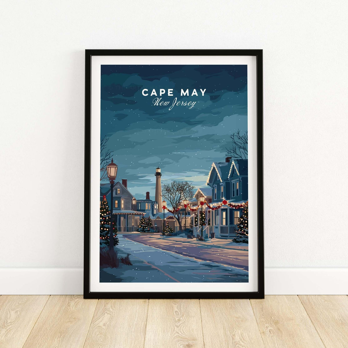 Cape May New Jersey Winter Scene Print - Festive Holiday Wall Art in a framed print showcasing a winter street.