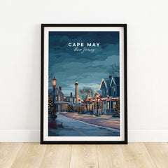 Cape May New Jersey Winter Scene Print - Festive Holiday Wall Art in a framed print showcasing a winter street.