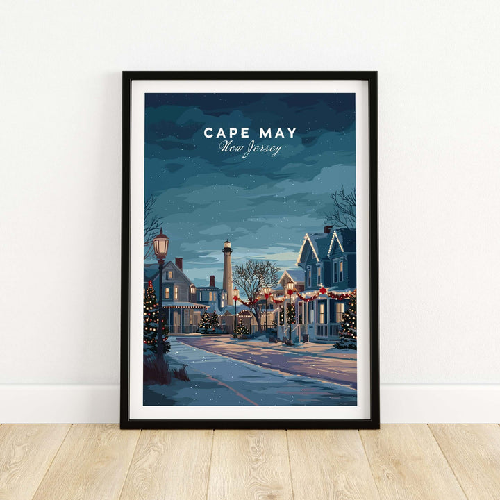 Cape May New Jersey winter scene print with festive holiday decorations and snow-covered streets.
