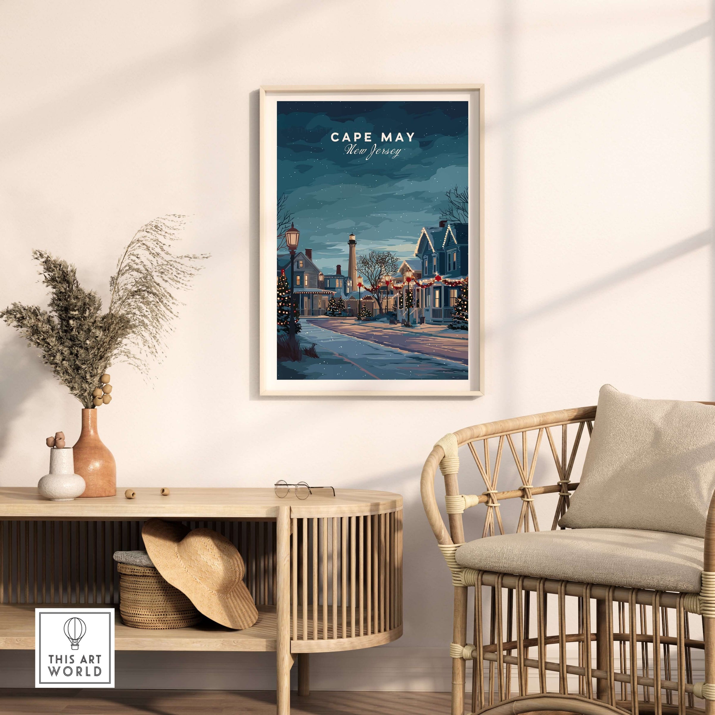 Cape May New Jersey Winter Scene Print - Festive Holiday Wall Art showcasing a cozy winter street scene.