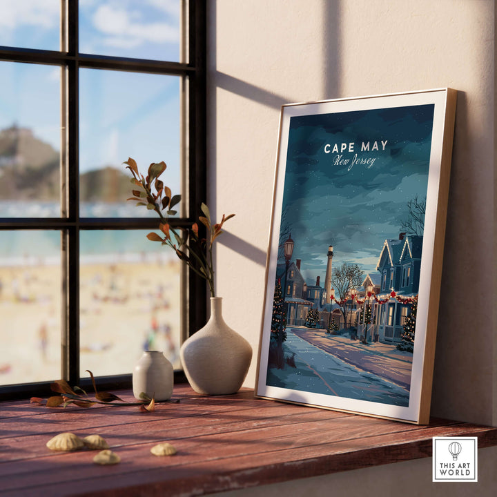 Cape May New Jersey winter scene print in a cozy room, festive holiday wall art adorned with charming decorations.