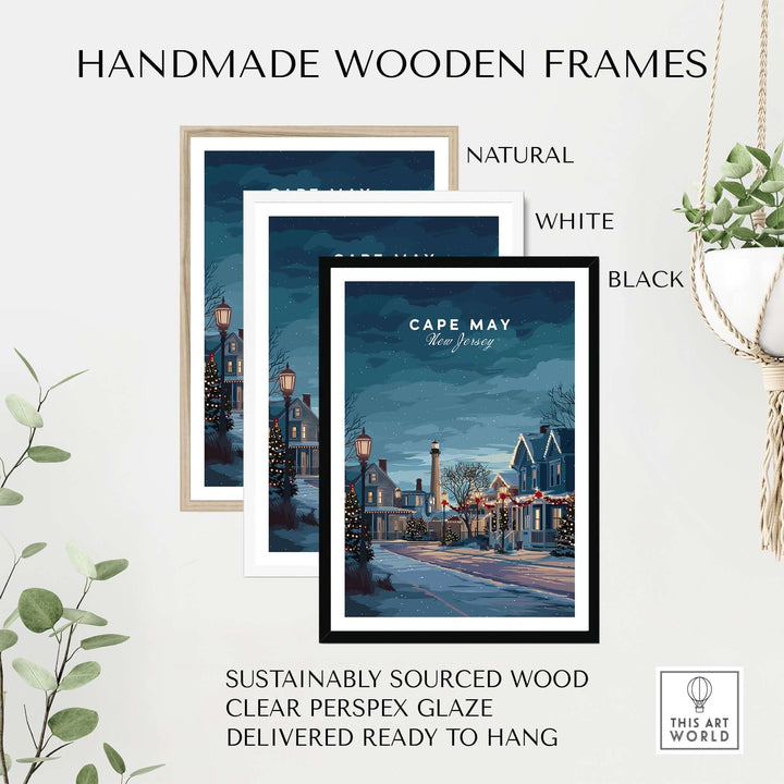 Handmade wooden frames in natural, white, and black styles showcasing Cape May winter scene print.