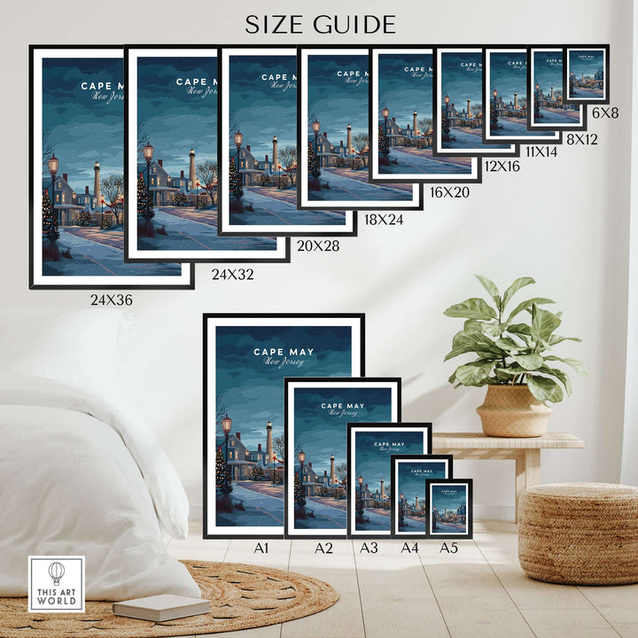 Size guide for Cape May New Jersey winter scene print showing various frame sizes for holiday wall art.