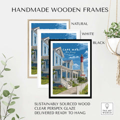 Cape May New Jersey Beach Houses Poster - Coastal Living Wall Art displayed in handmade wooden frames