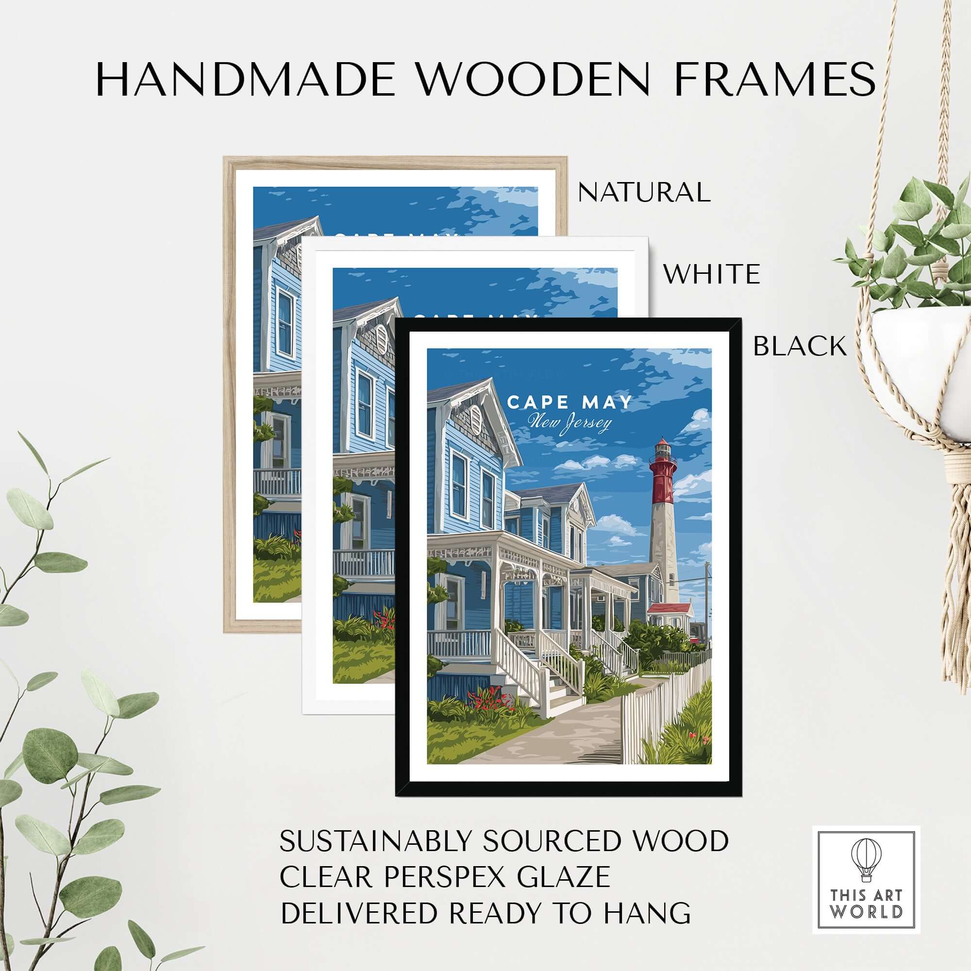 Cape May New Jersey Beach Houses Poster - Coastal Living Wall Art displayed in handmade wooden frames