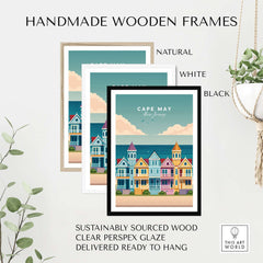 Cape May New Jersey Ocean View Poster - Classic Retro Beach Town Print displayed in handmade wooden frames in natural, white, and black.
