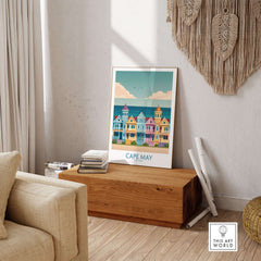 Cape May Seaside Charm Wall Art - Retro New Jersey Coastal Decor showcased in a cozy living room setting.