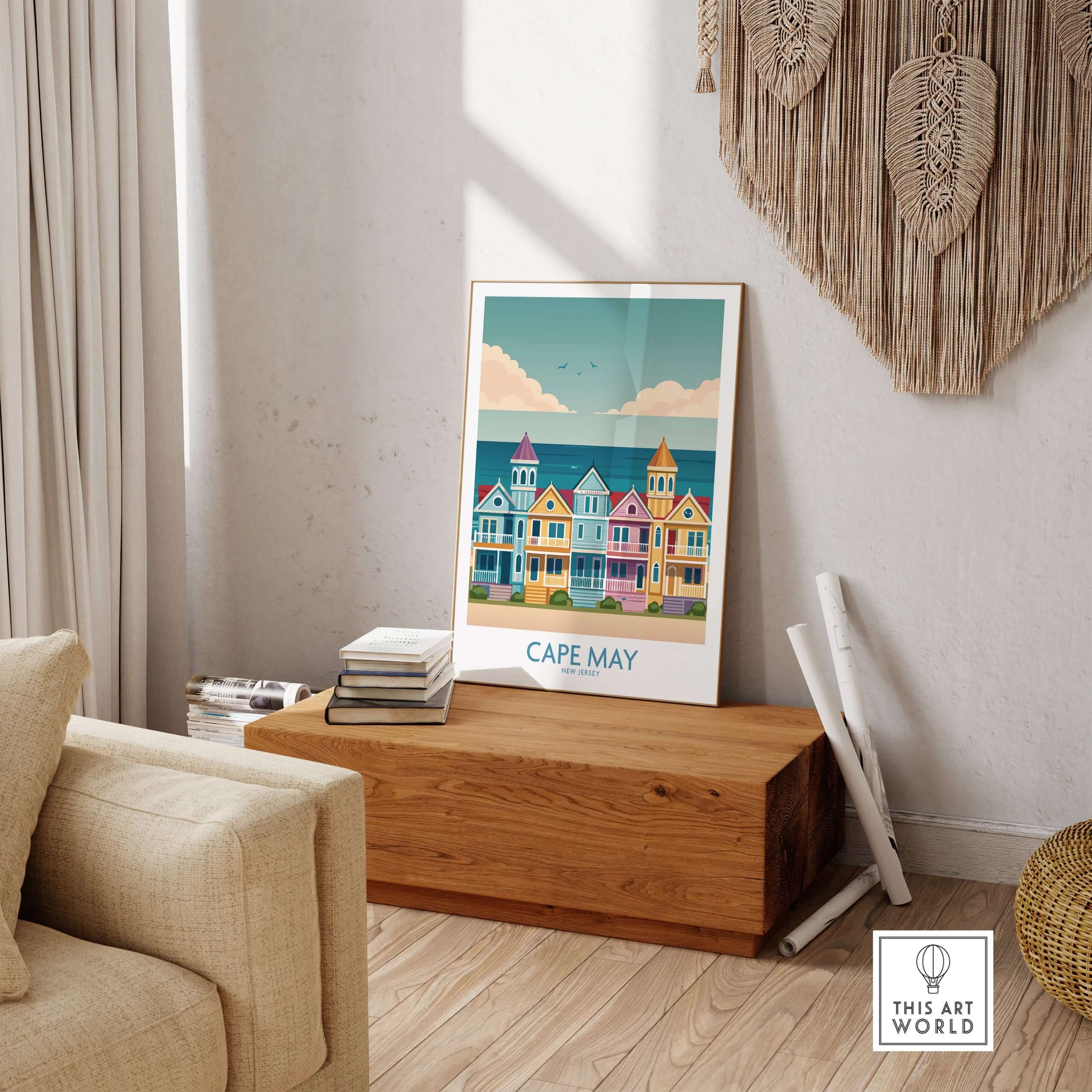 Cape May Seaside Charm Wall Art - Retro New Jersey Coastal Decor showcased in a cozy living room setting.