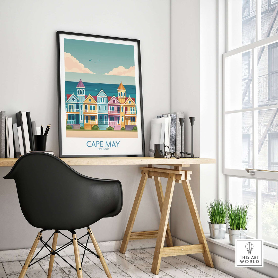 Cape May seaside charm wall art featuring colorful Victorian houses and coastal decor in a stylish home office.