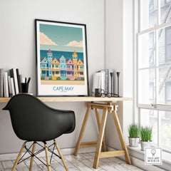 Cape May Seaside Charm Wall Art - Retro New Jersey Coastal Decor displayed in a stylish modern workspace.