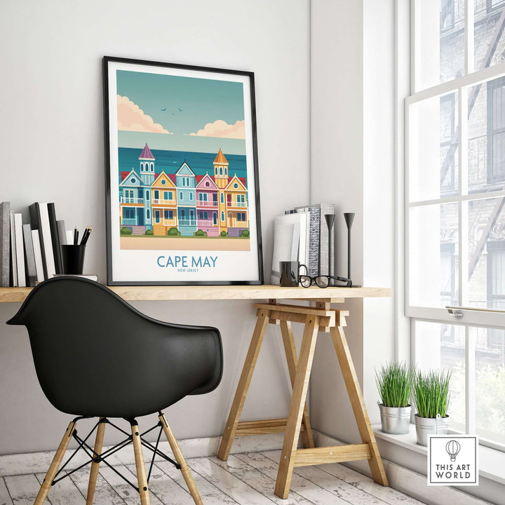 Cape May seaside charm wall art featuring colorful Victorian houses and coastal decor in a stylish home office.