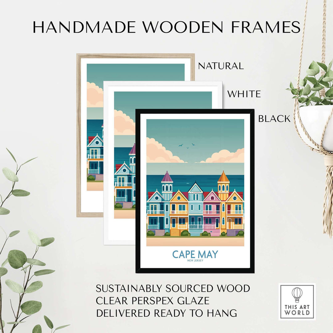 Handmade wooden frames for Cape May wall art in natural, white, and black finishes, sustainably sourced wood, ready to hang.
