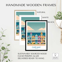 Cape May Seaside Charm Wall Art - Retro New Jersey Coastal Decor in handmade wooden frames.