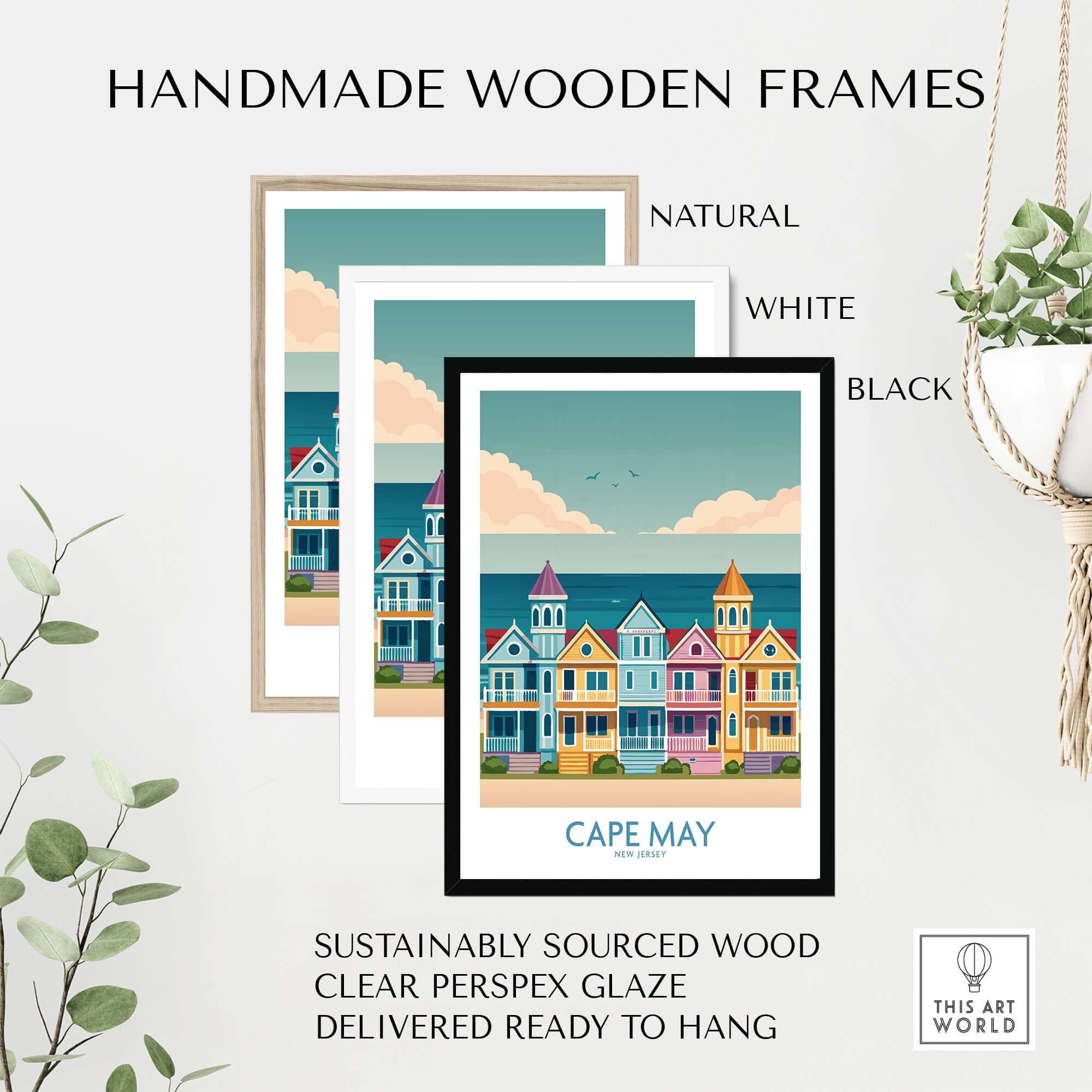 Cape May Seaside Charm Wall Art - Retro New Jersey Coastal Decor in handmade wooden frames.