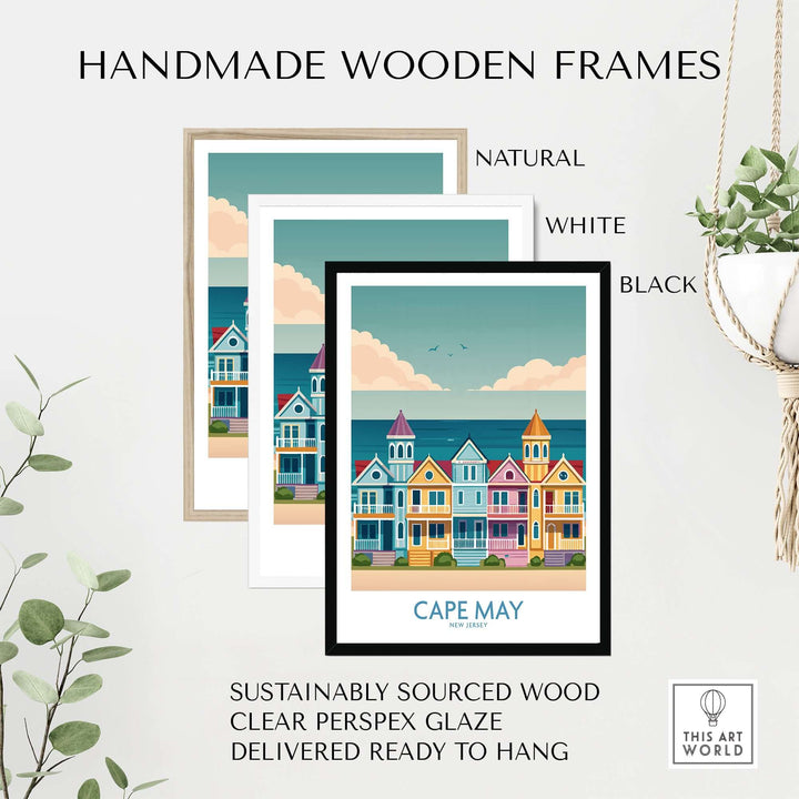 Handmade wooden frames for Cape May wall art in natural, white, and black finishes, sustainably sourced wood, ready to hang.