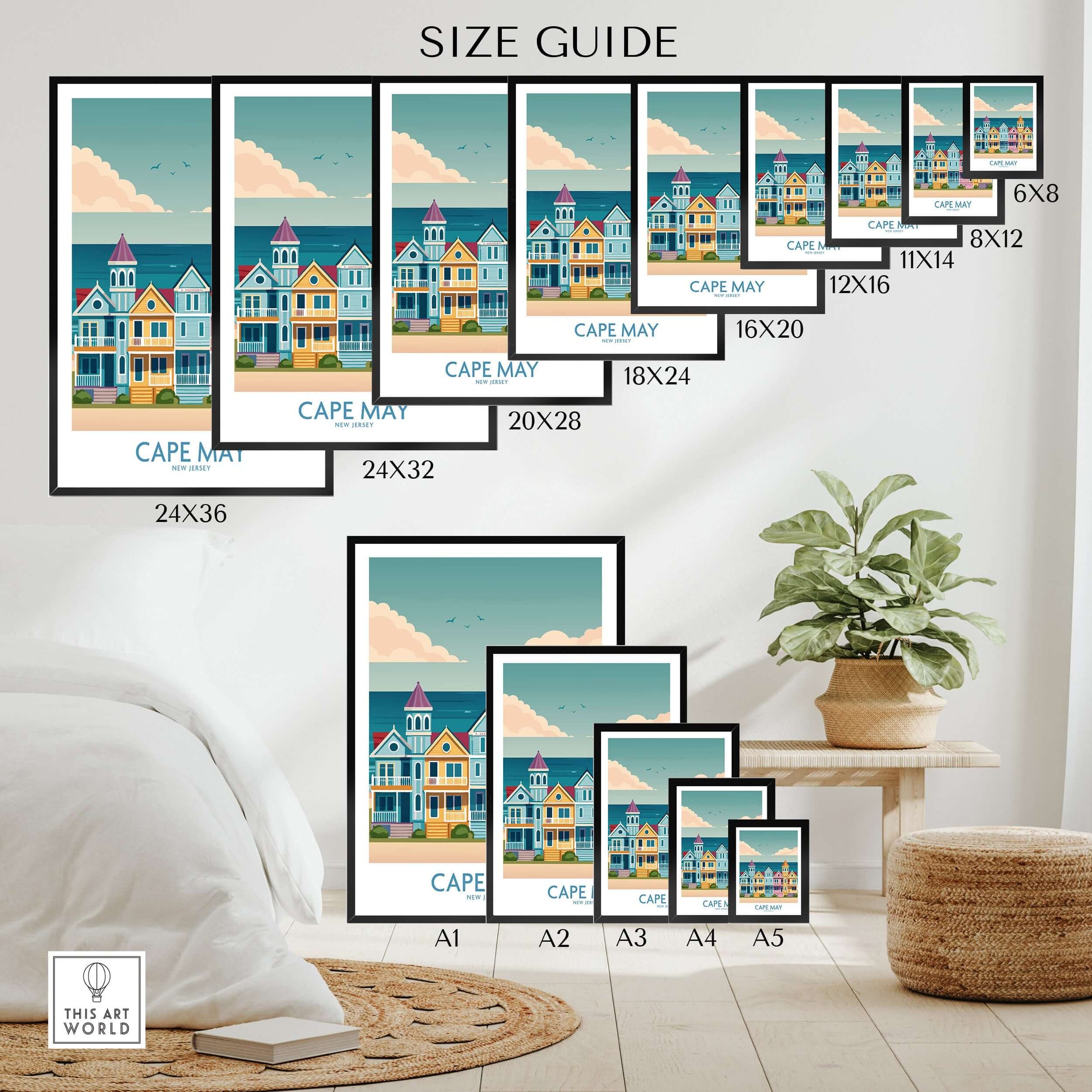 Cape May Seaside Charm Wall Art - Retro New Jersey Coastal Decor size guide with various frame sizes and coastal visuals.