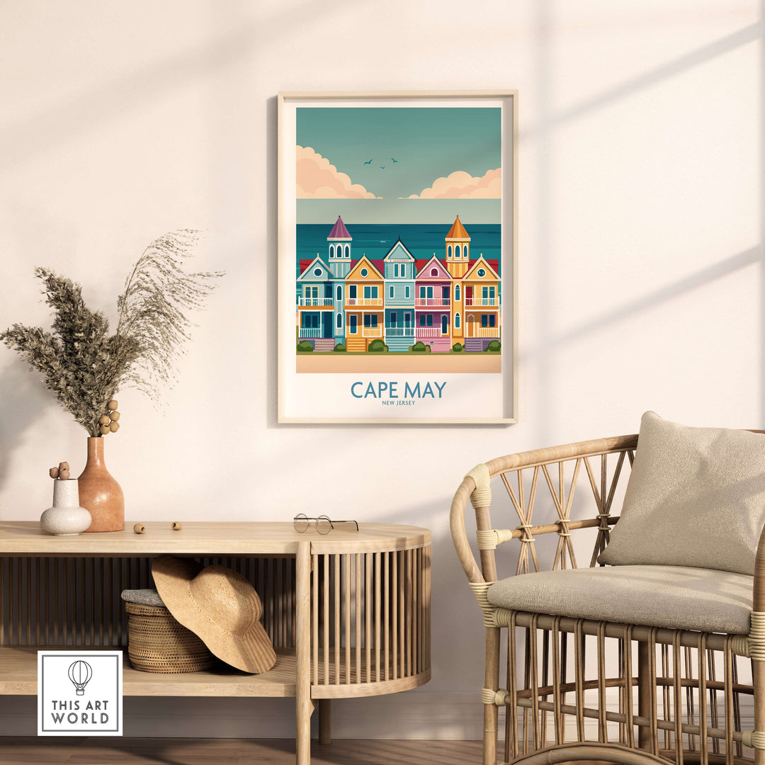 Cape May Seaside Charm Wall Art featuring colorful coastal homes, perfect for retro New Jersey decor.