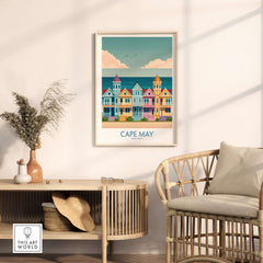 Cape May Seaside Charm Wall Art - Retro New Jersey Coastal Decor displayed in a stylish room with coastal decor.