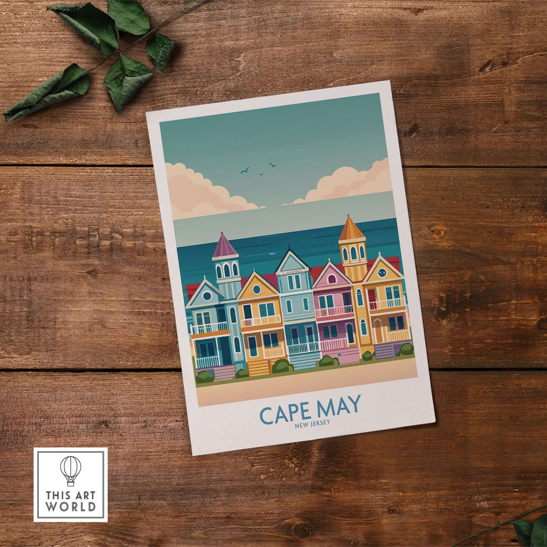Cape May seaside charm wall art, retro New Jersey coastal decor featuring colorful beach houses and ocean view.