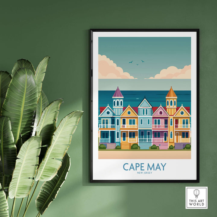 Cape May retro wall art featuring colorful beach houses and coastal scenery for New Jersey decor.