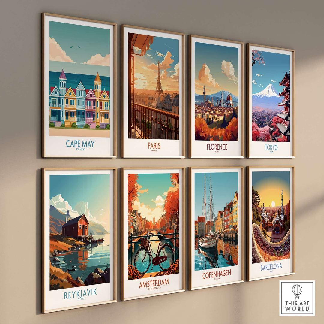 Gallery of retro travel wall art featuring Cape May, Paris, Florence, Tokyo, Reykjavik, Amsterdam, Copenhagen, and Barcelona.
